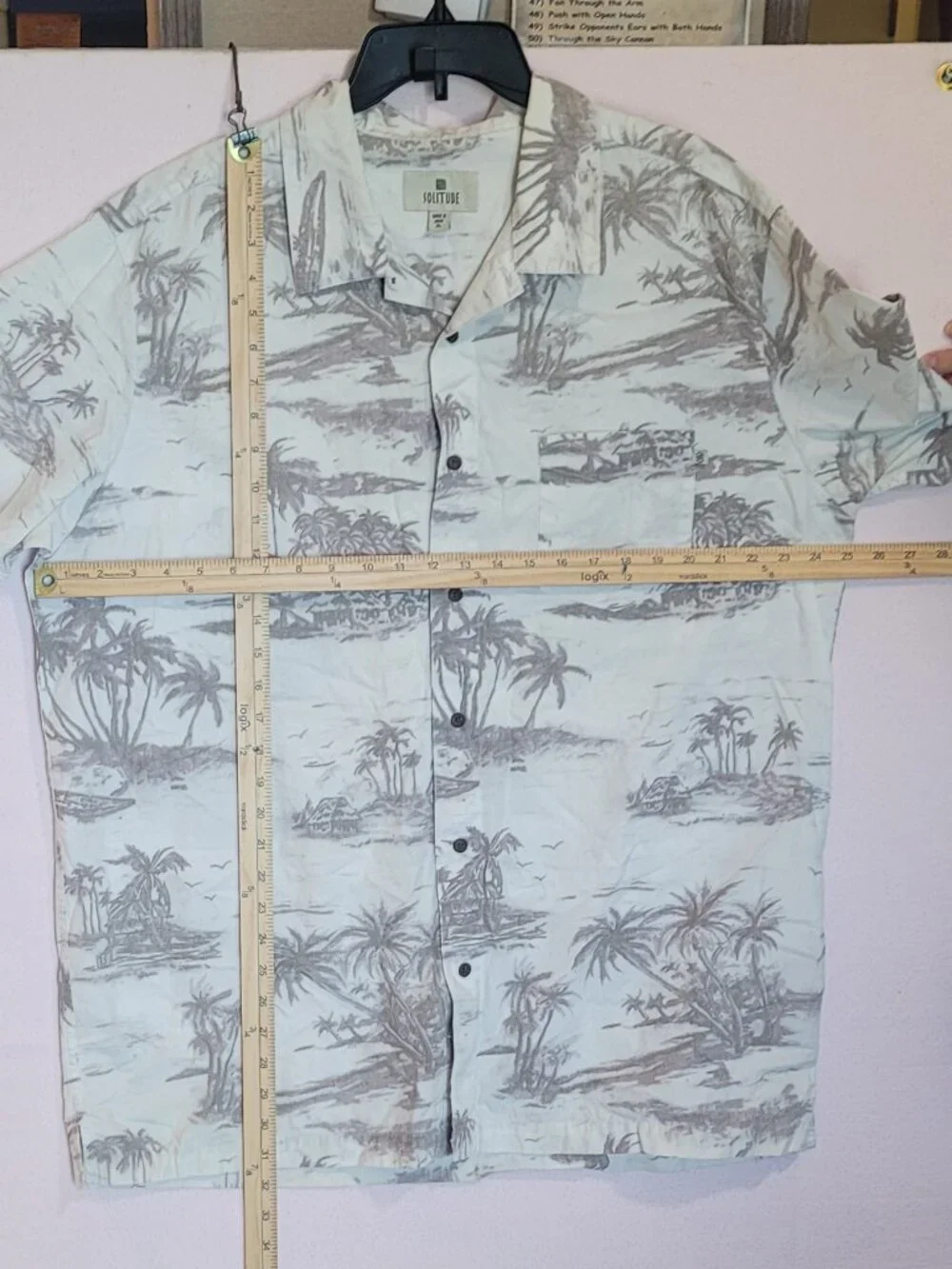 Men's Hawaiian Shirt XL SOLITUDE Gray White Cotton Short Slve Button Down Pocket